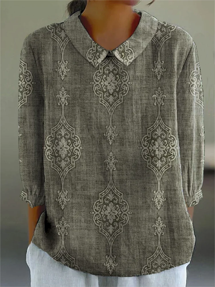 Women's Retro Pattern Art Print Casual Cotton And Linen 3/4 Sleeve Shirt