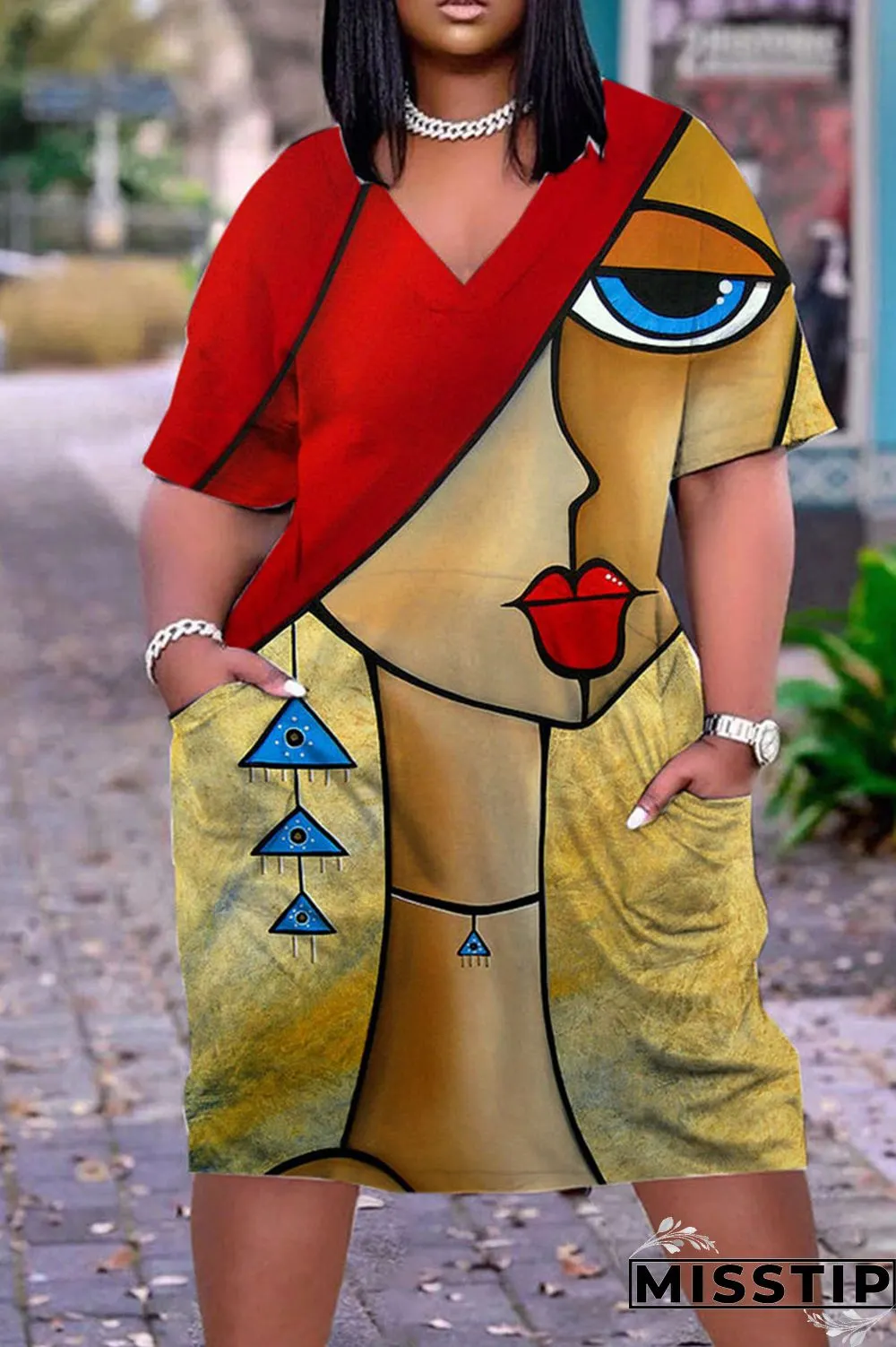 Yellow Brown Casual Street Print Patchwork V Neck Straight Dresses