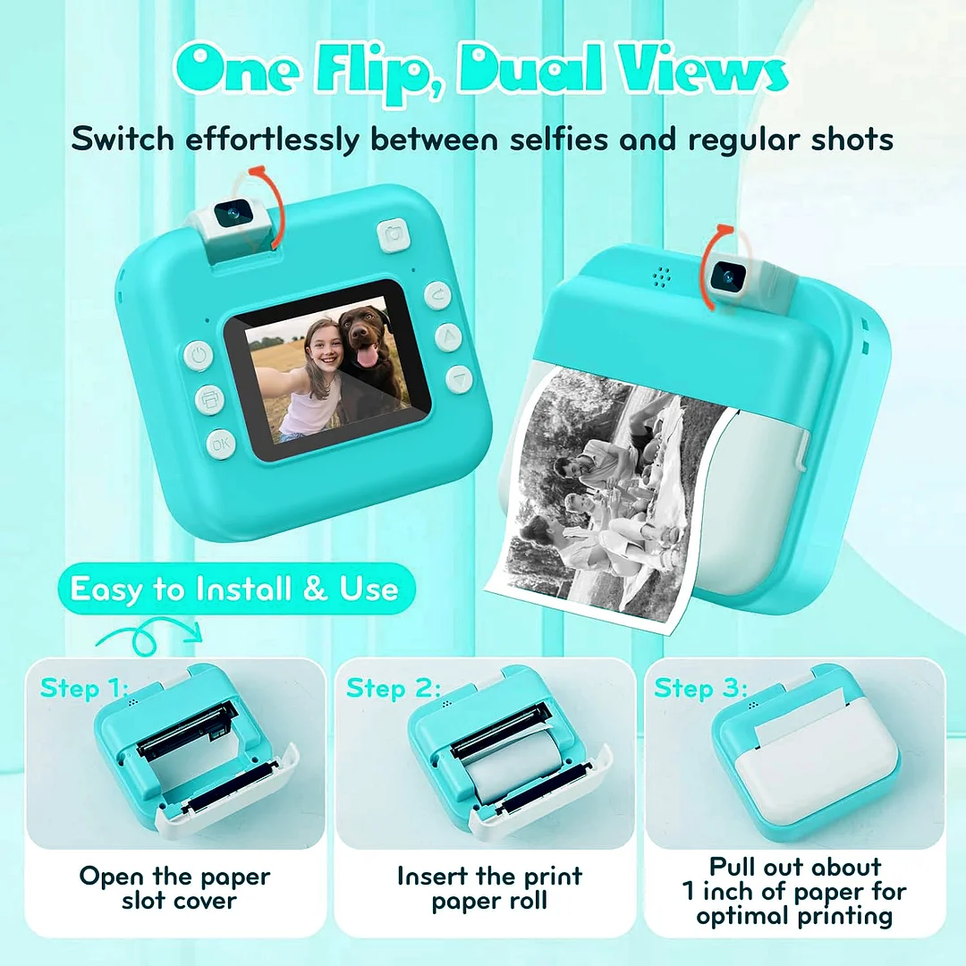 BEBANG Kids Camera Instant, Front Rear Dual Selfie Kids Digital Camera with 1080P Videos, Holiday Birthday Gifts for Kids