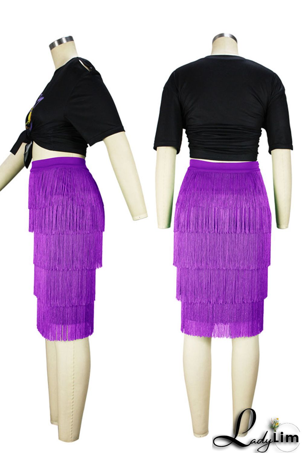 Black Casual Print Tassel Split Joint O Neck Plus Size Two Pieces