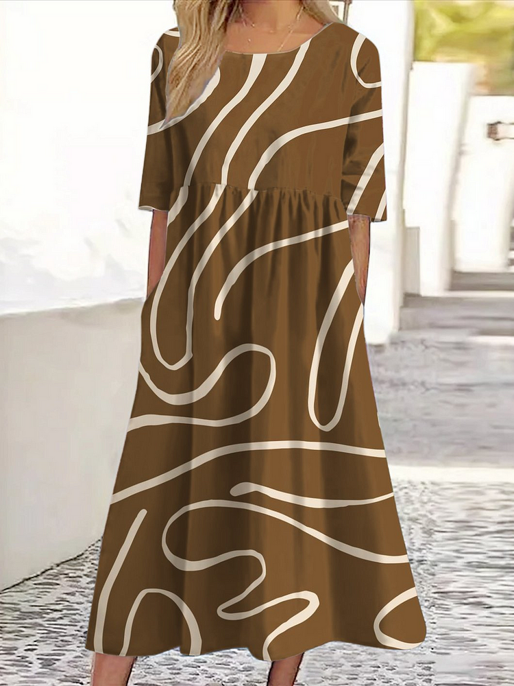 Retro Abstract Geometric Print Round Neck Pocket Midi Dress