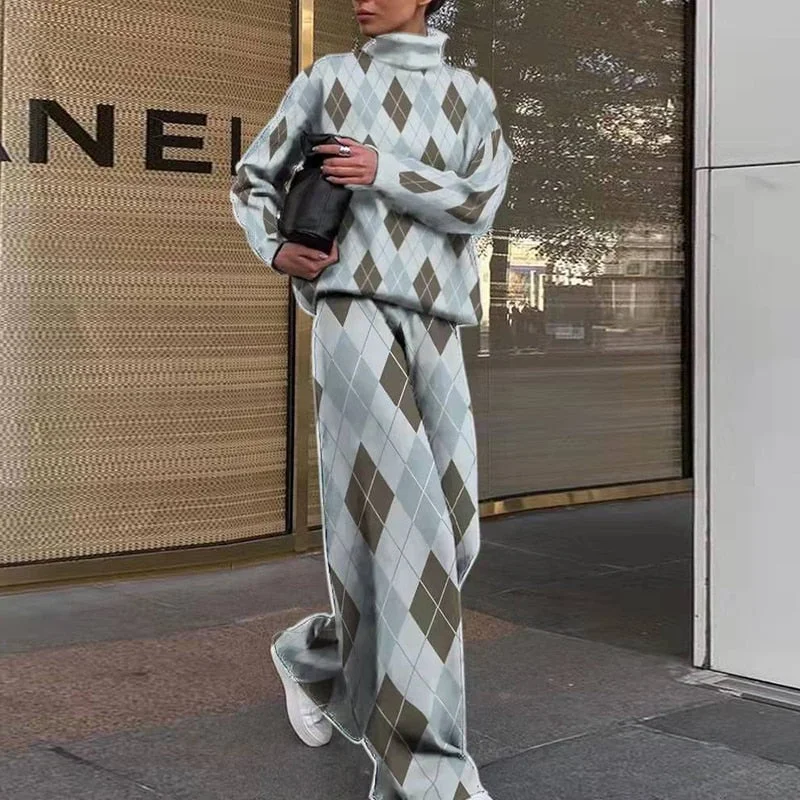 Casual Two Piece Outfits Graffiti Printing Sweatshirt Suits Women Streetwear Turtleneck Top + Wide Leg Pants Tracksuit 2 PC Sets