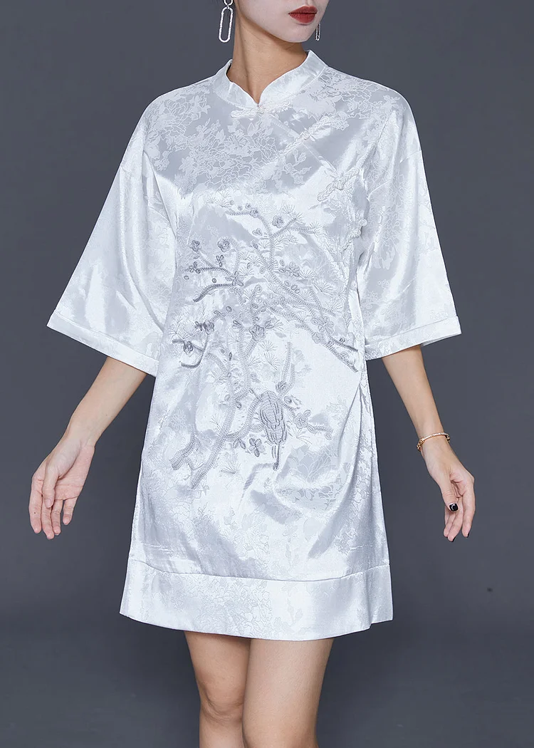 White Jacquard Silk Chinese Style Dress Embroideried Half Sleeve