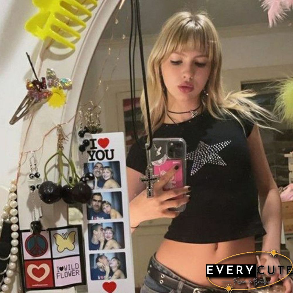 Pentagram Crop Top Kawaii Grunge Fairycore Short Sleeve T Shirt Y2k Aesthetic Women Tee Sweats Clothes Streetwear