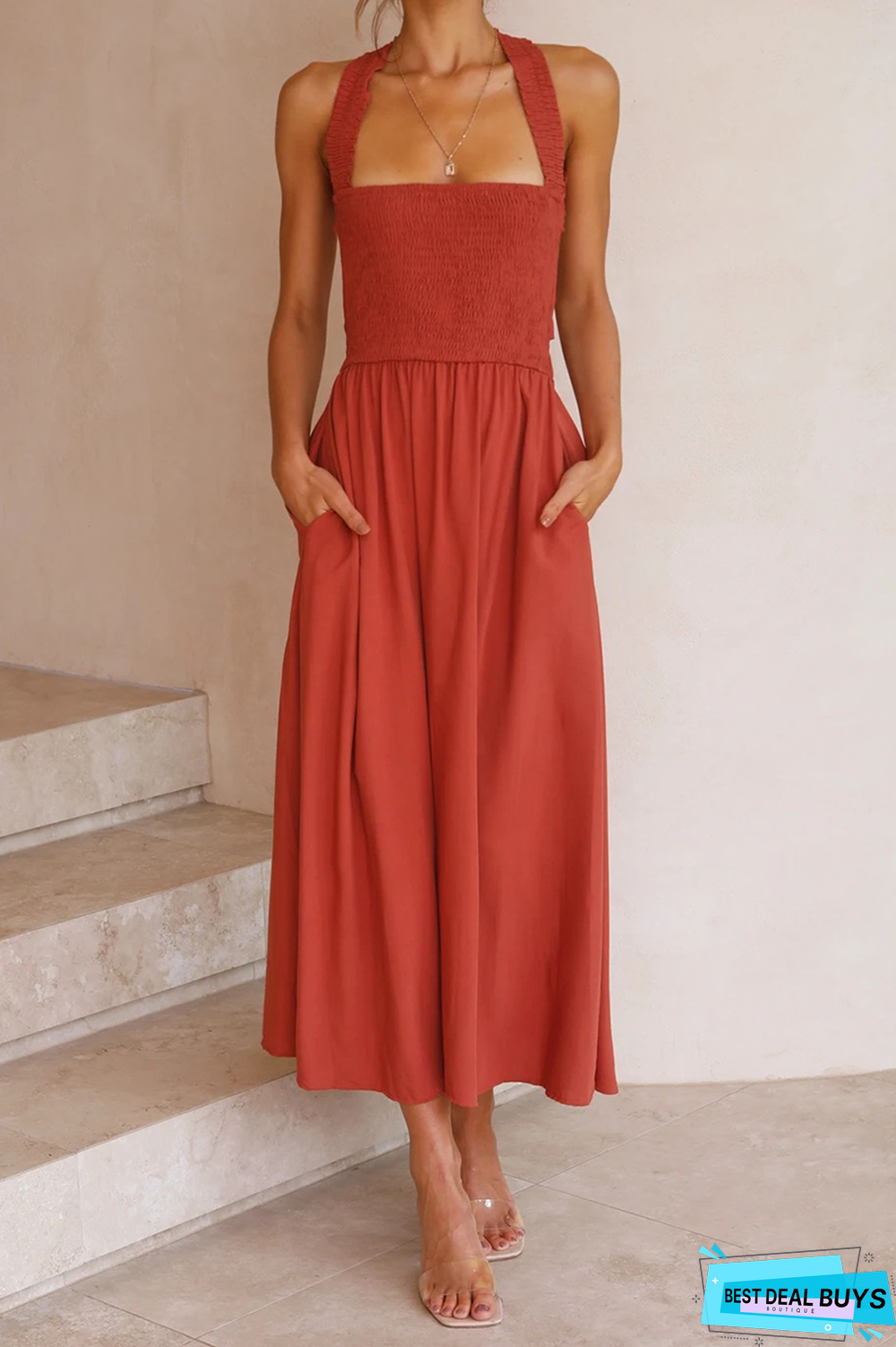 Casual Solid Patchwork Halter Waist Skirt Dresses(3 Colors)