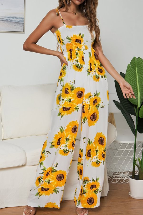 Sunflower Print Strappy Wide-leg Jumpsuit