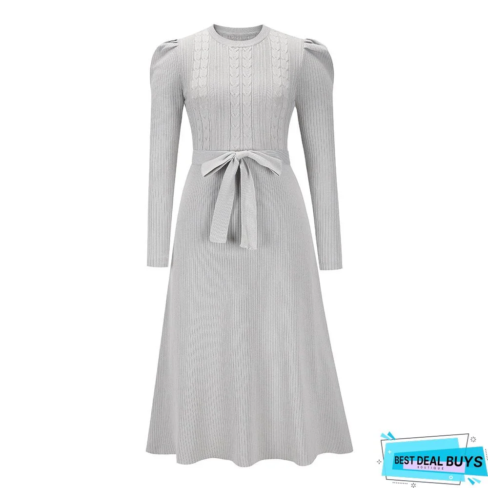 Bubble Long Sleeve Knitted Skirt Medium Long Wool Dress Black Dresses