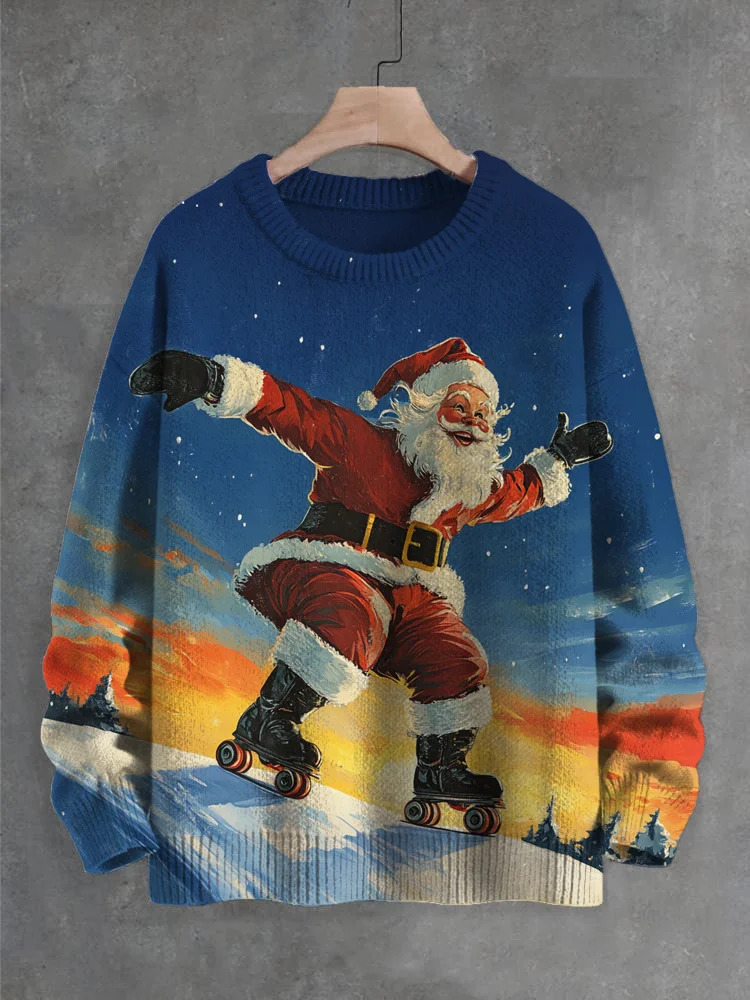 Men's Fun Santa Roller Skating Art Print Knit Sweatshirt