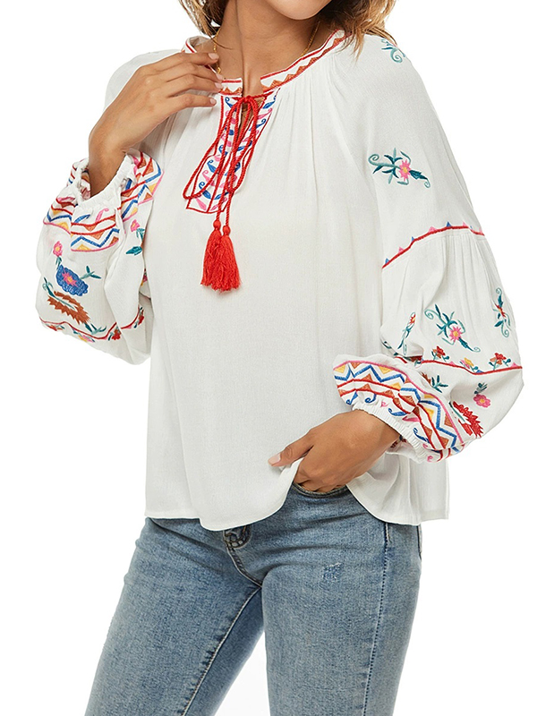 Round Neck Turtleneck Embroidered Tie Bow Blouses