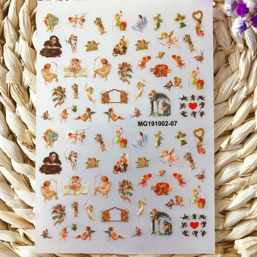 3D Angel Pattern Nail Stickers Cupid Flower Self-Adhesive Transfer Decals Slider DIY Tips Nail Art Decorations Manicure-Nail Inspo