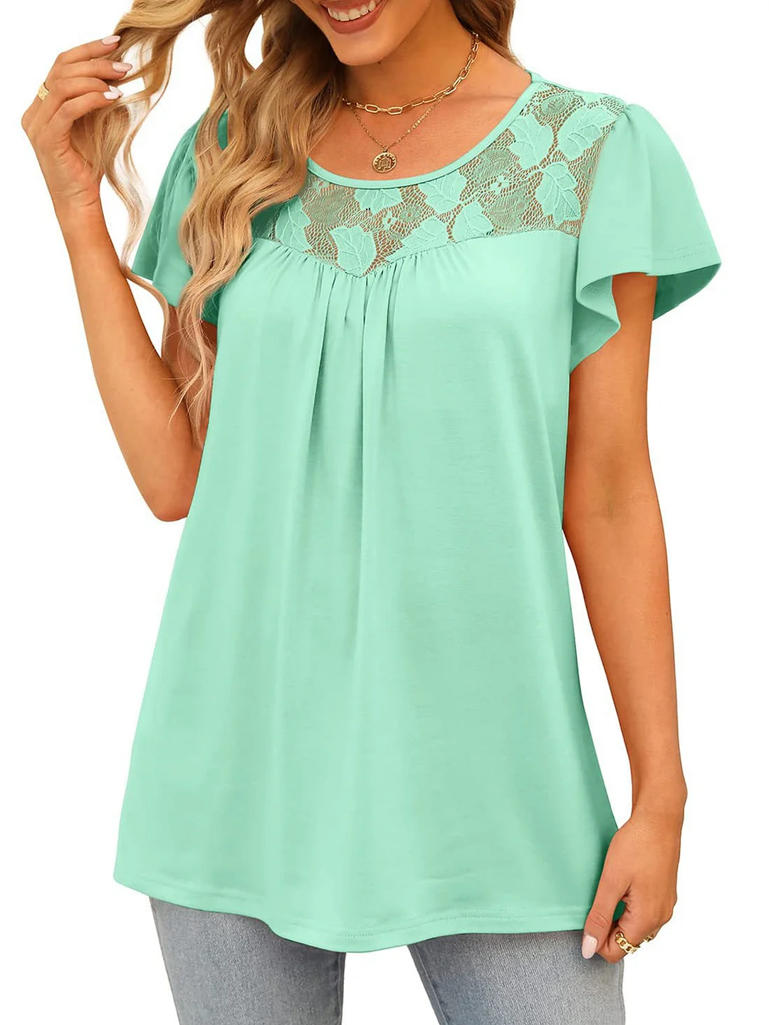 Women's Floral Printed Stitching Lace Collar Short Sleeve Scoop Neck T-shirt