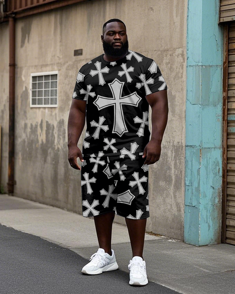 Big Men's Simple Retro Cross Printed Street Fashion Short Sleeve T-Shirt Shorts Set
