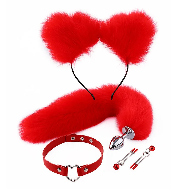 Cosplay Furry Fox Tail Anal Plug/Headband/Collar/Nipple Clamps Cosplay Kit - Red
