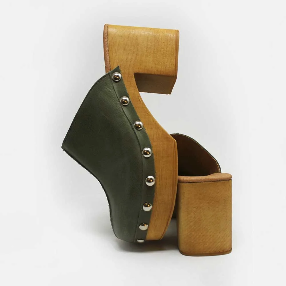 Olive Slip-On Round Toe Block Heel Platform Mules Shoes with Studs