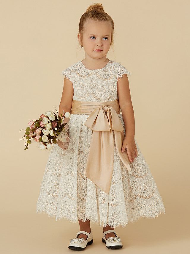 Oknass A-Line Tea Length Short Sleeve Jewel Neck Flower Girl Dresses Lace Taffeta With Sash Ribbon Bow