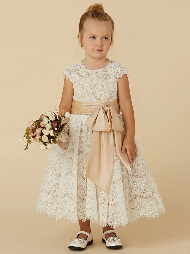 Hellodresses A-Line Tea Length Short Sleeve Jewel Neck Flower Girl Dresses Lace Taffeta With Sash Ribbon Bow