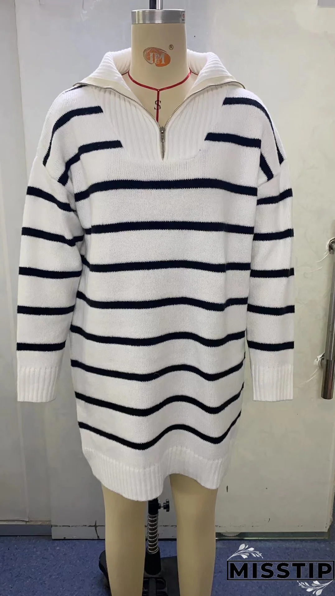 Women Autumn and Winter V-neck Long Sleeve Striped Loose Casual Knitting Sweater Dress