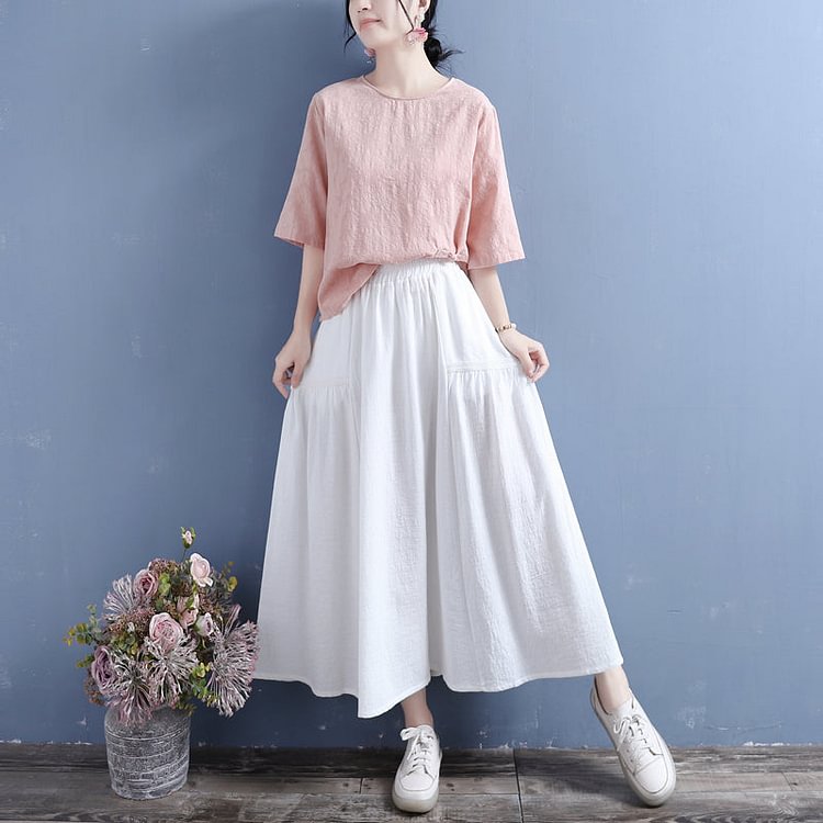 Women Retro Cotton Linen Autumn Pleated Skirt