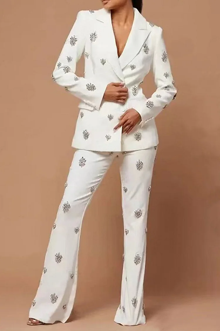 Floral Shaped Rhinestone Double Breasted Flare Leg Two Piece Pant Suit-White