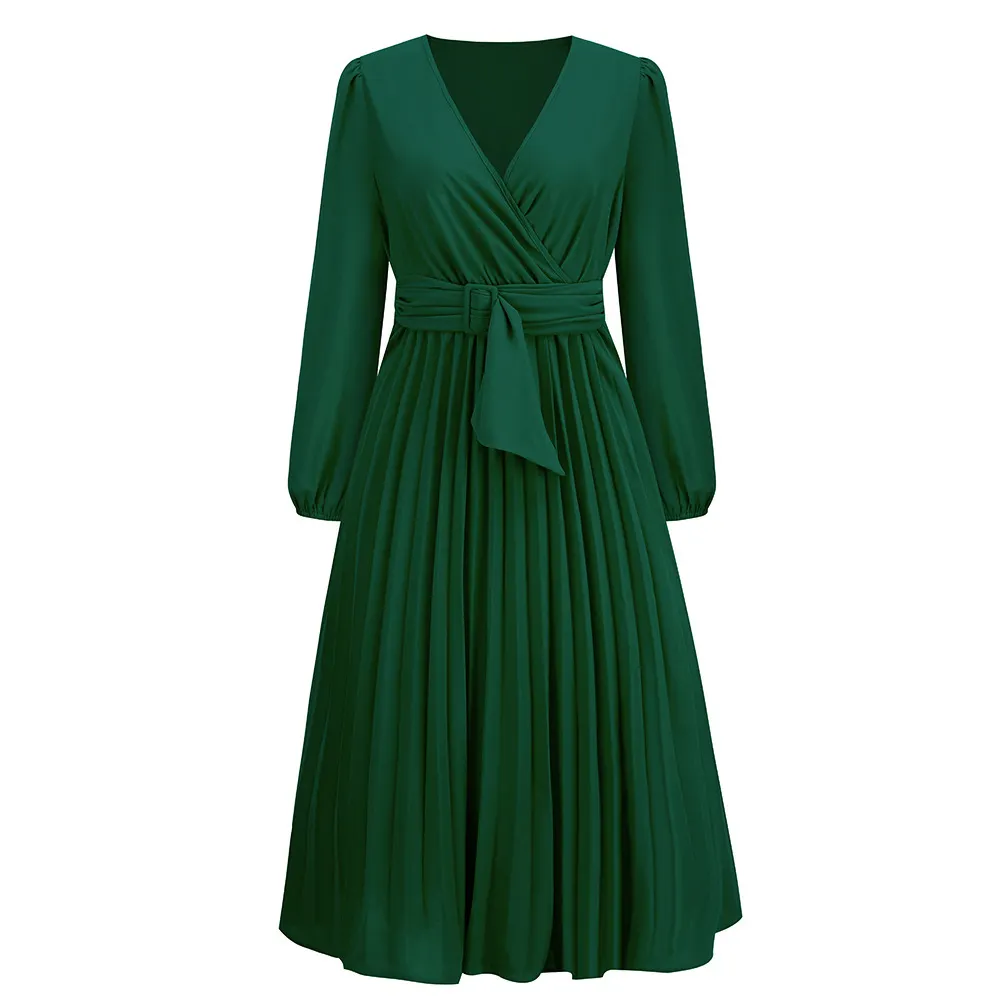 Women's V-Neck Pleated Chiffon Midi Dress