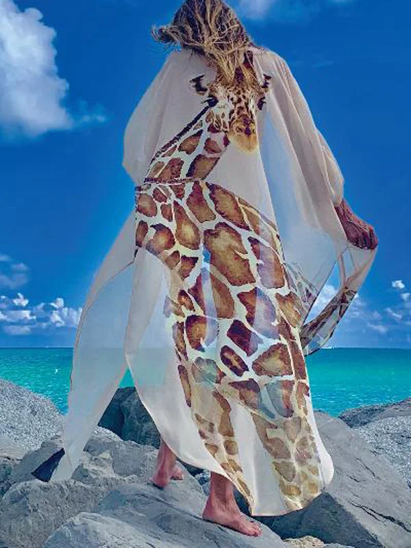 Giraffe Pattern Slit Bat Sleeve Cover-Ups Tops