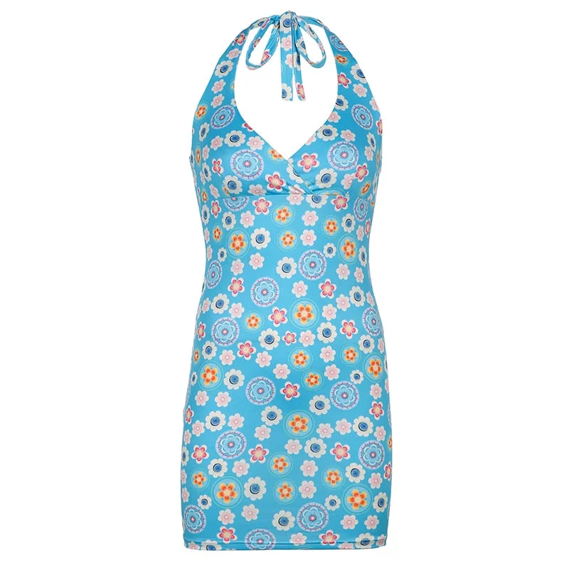 HEYounGIRL V Neck Print Sexy Backless Bodycon Dress Party Sleeveless Summer Halter Mini Dresses Women Fashion Streetwear Elegant