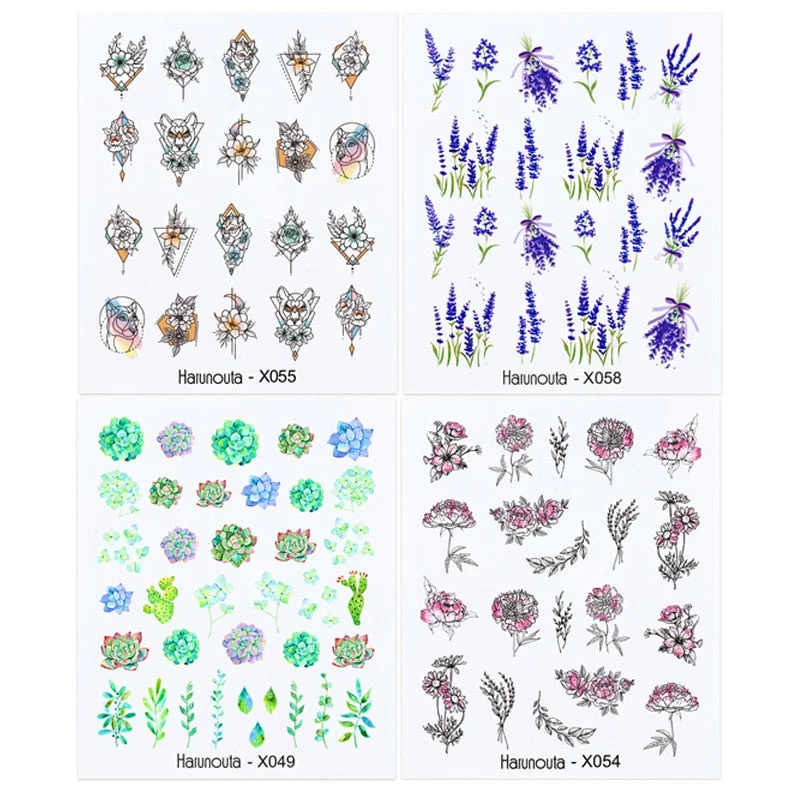 Harunouta Spring Flower Leaf Water Decals Love Heart Geometric Lines Nail Art Stickers DIY Slider Manicures Nail Art Decoration