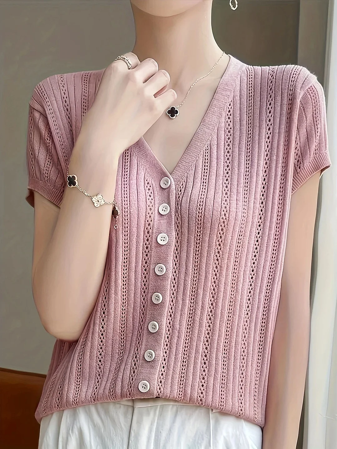 Nigikala Nigikala Spring And Summer New V-Neck Button Outside The Cardigan Lady Elegant Ocean Simple Thin Knit Short Sleeve