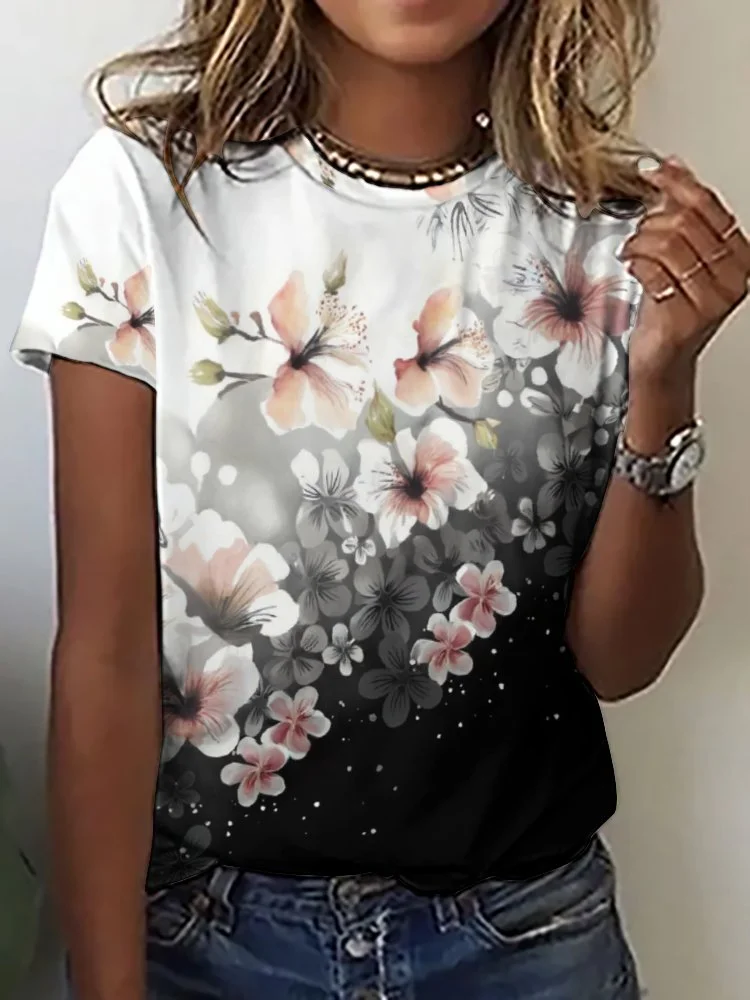 Printed Short Sleeve Casual T-shirt for  Women and Men Unisex Pattern Floral, Black, Pink