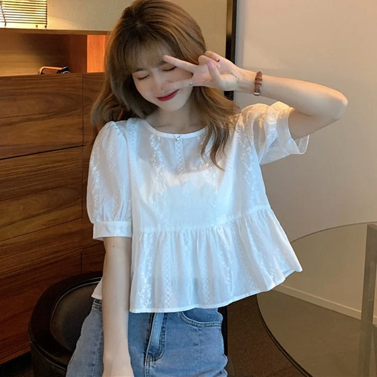 Blouses Women Sweet Summer Bowknot Design Preppy Style Korean Students Cropped Chic O-neck Lightweight Basic Mujer Cozy Clothing