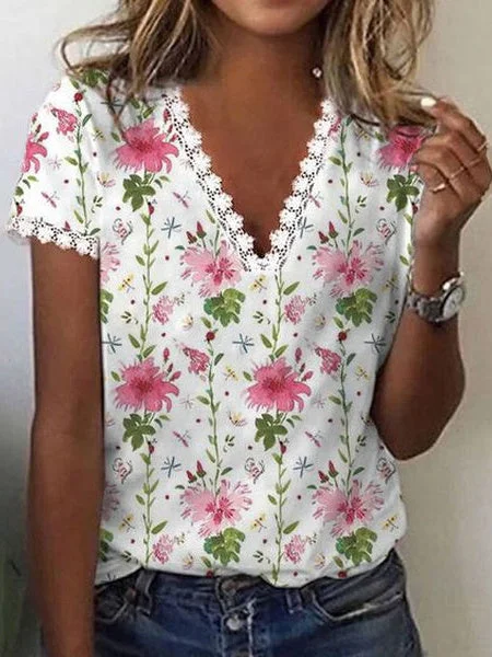 Women's Floral Printed Hollow Short Sleeve V-neck Top