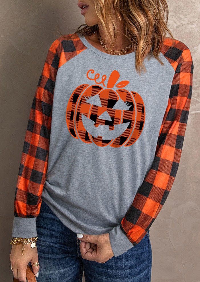 Halloween Pumpkin Face Plaid Long Sleeve T-Shirt Tee - Gray