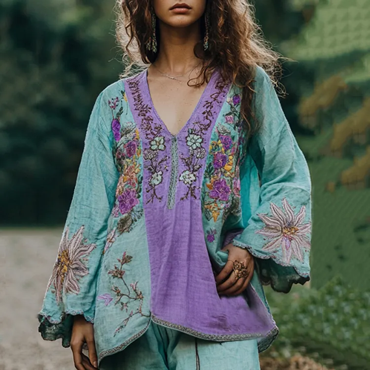 Vintage Floral Embroidery Linen Art V-neck Shirt
