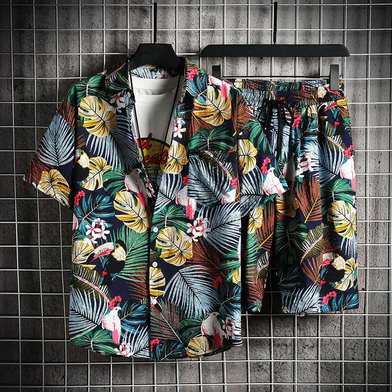 Woherb 2pcs Summer Men Sets Shirts and Shorts Fashion Printing Short Sleeved Hawaii Style Flower Suit Man Clothing Streetwear Casual