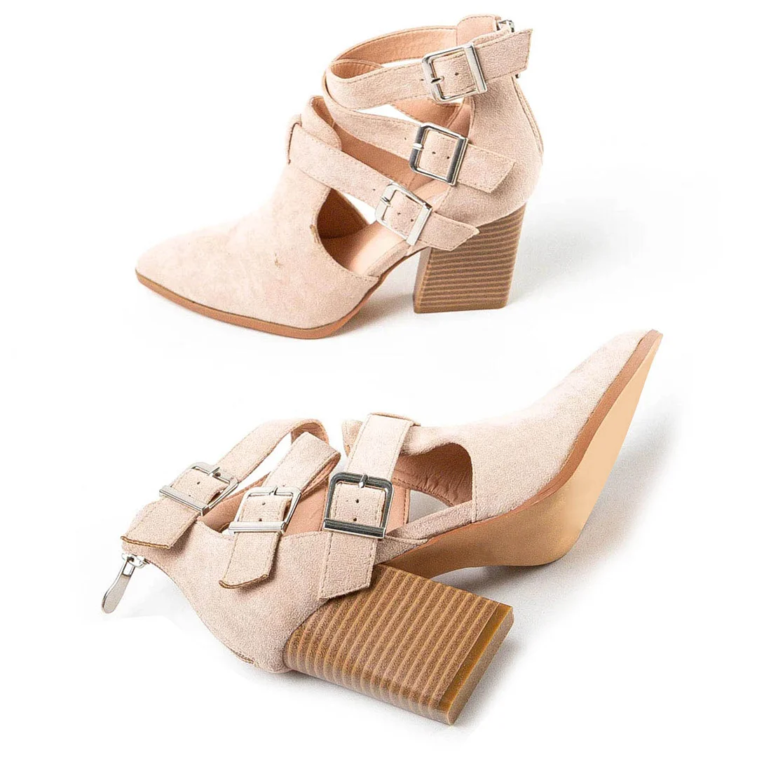 Nude Vegan Suede Pointed Toe Cutout Strappy Buckles Chunky Heels