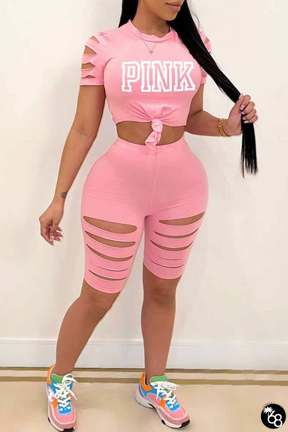 Pink Casual Print Ripped Letter O Neck Short Sleeve Two Pieces | 168DEAL