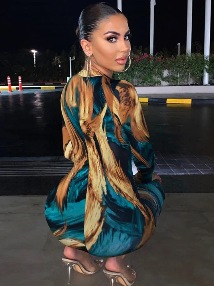 Hugcitar 2022 Long Sleeve Print Bodycon Sexy  Dress Autumn Winter Women Party Elegant Slim Christmas Club Outfits