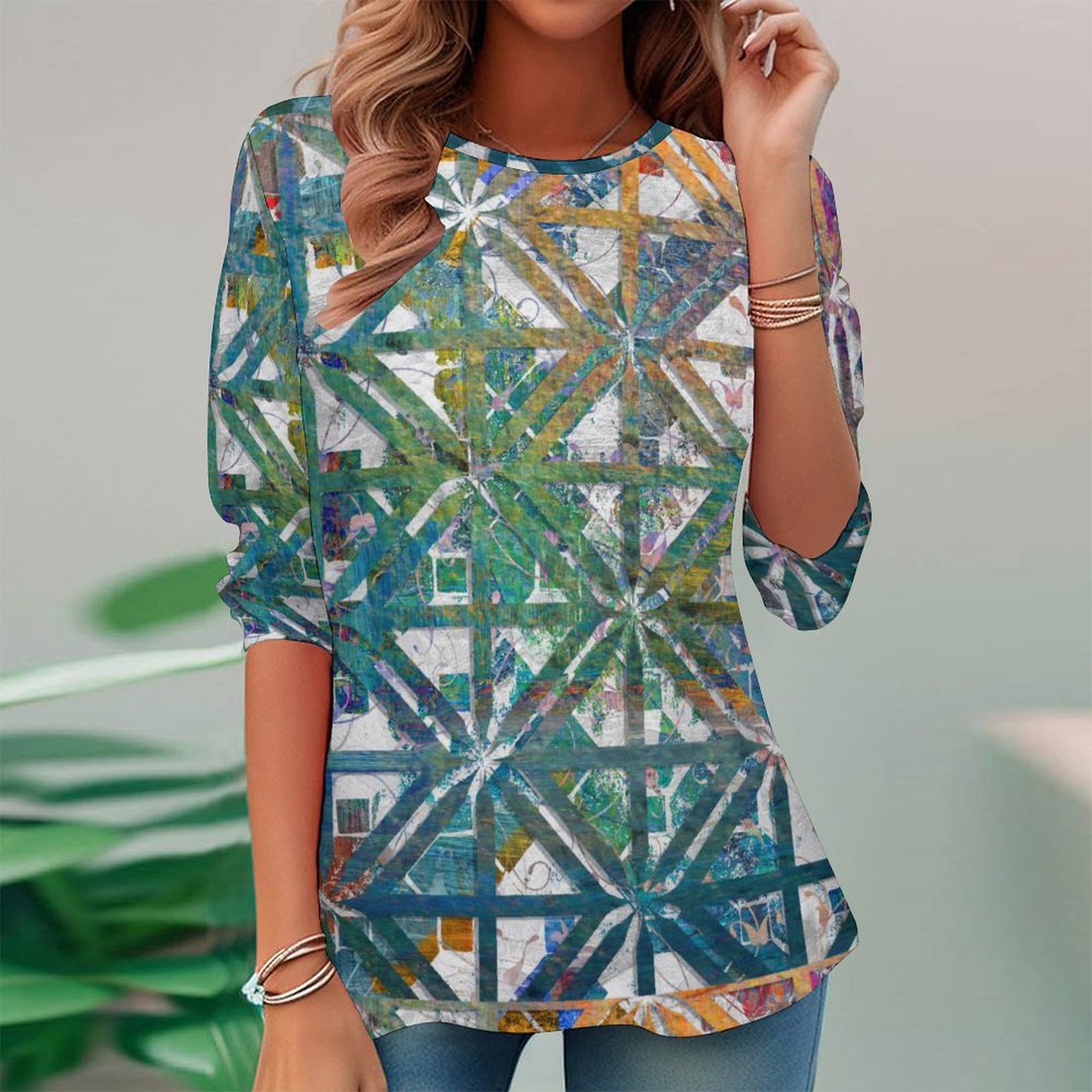 Women Long Sleeve V-neck Graphic Floral Printed Top