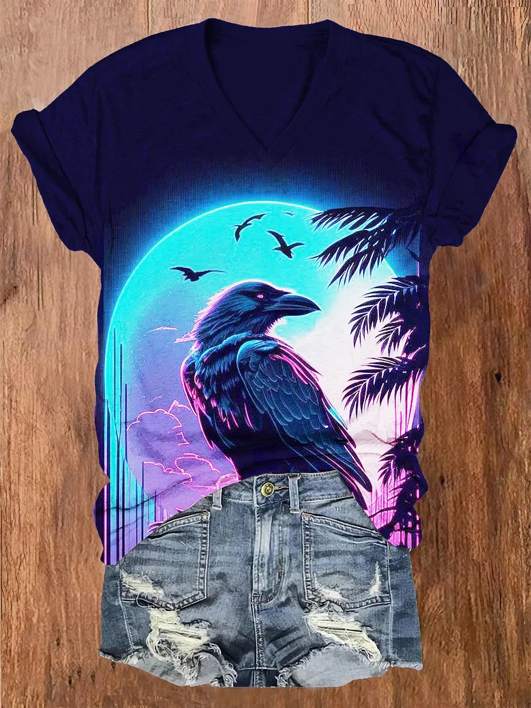 Women's Halloween Raven Print Casual T-Shirt