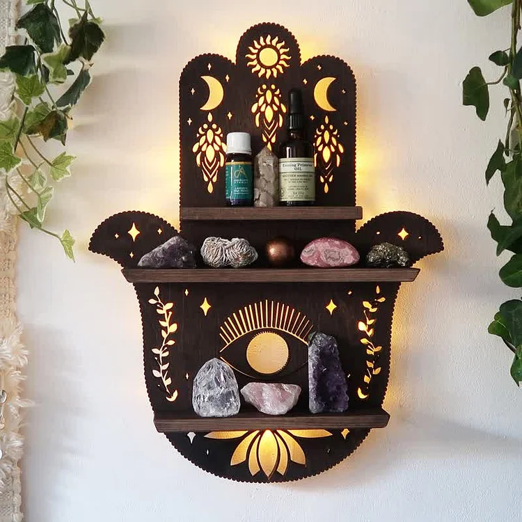 hamsa hand wooden crystal shelf