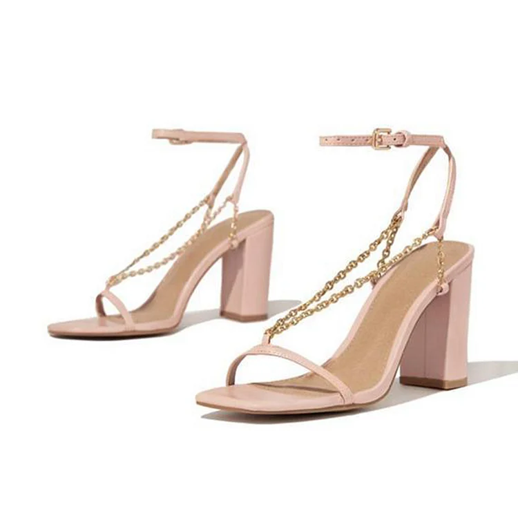 Pink Square Toe Sandal Shoes Gold Chain Chunky Heels |FSJ Shoes