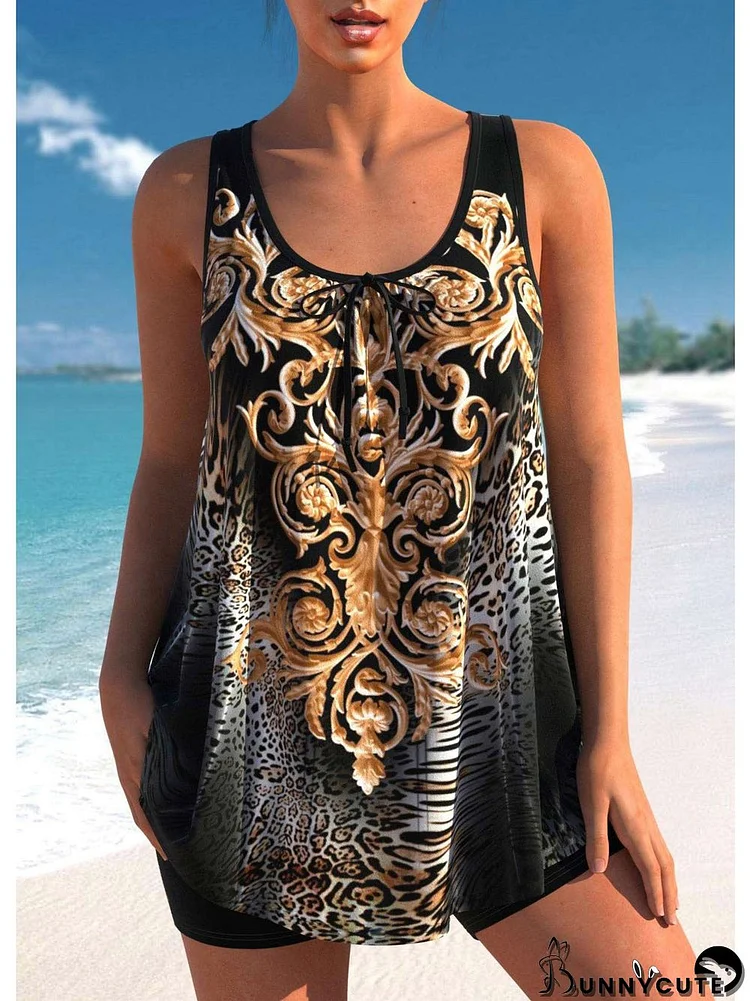 Women Strap Floral Printed Leopard Graphic Tankini Set