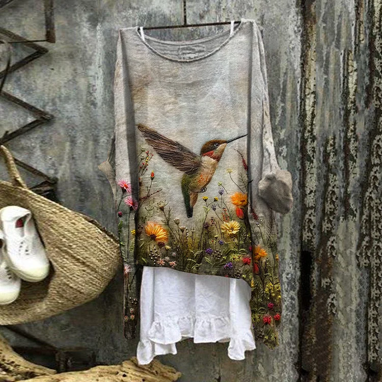 Comstylish Vintage Floral Birds Graphics Print Blouse