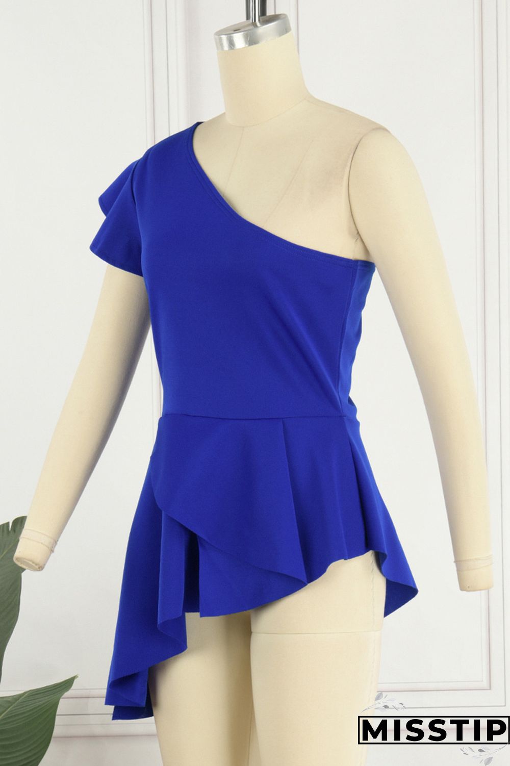 Blue Street Solid Flounce One Shoulder T-Shirts
