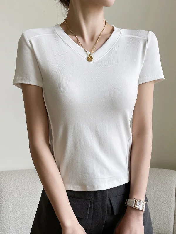 Short Sleeves Skinny Solid Color Split-Joint V-Neck T-Shirts