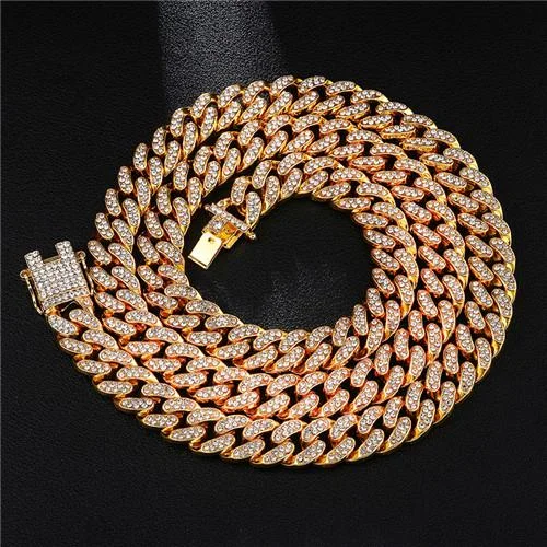 1Set 13MM Gold Silver Full Iced Out Paved Rhinestones Miami Curb Cuban Chain-VESSFUL