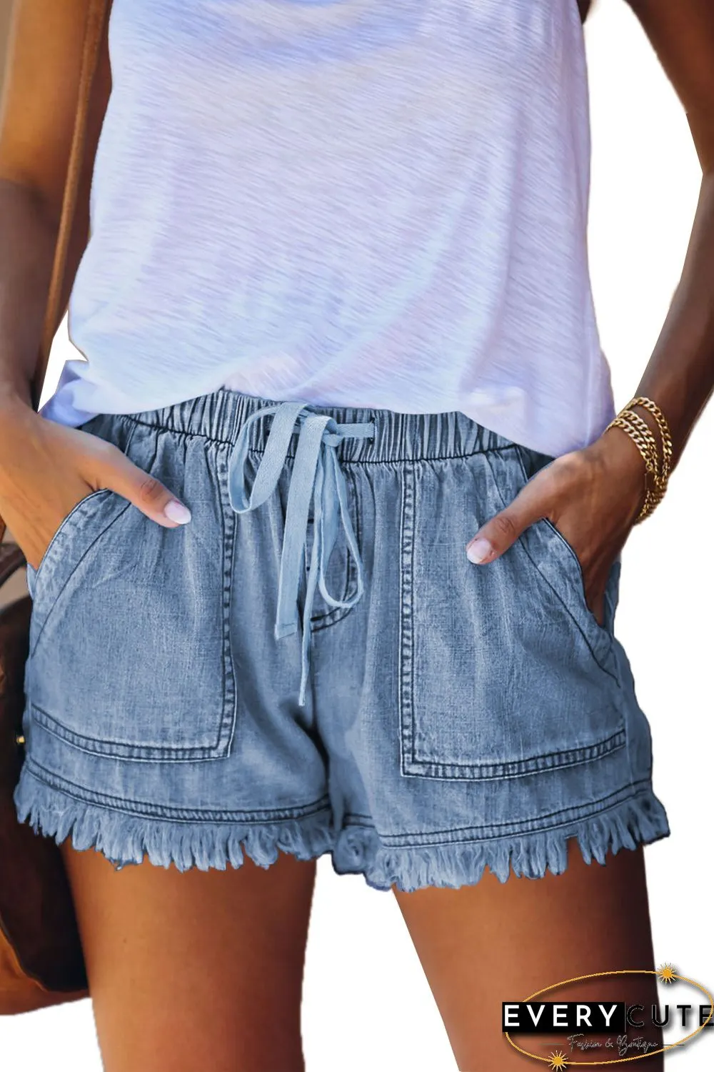 Sky Blue Casual Pocketed Frayed Denim Shorts