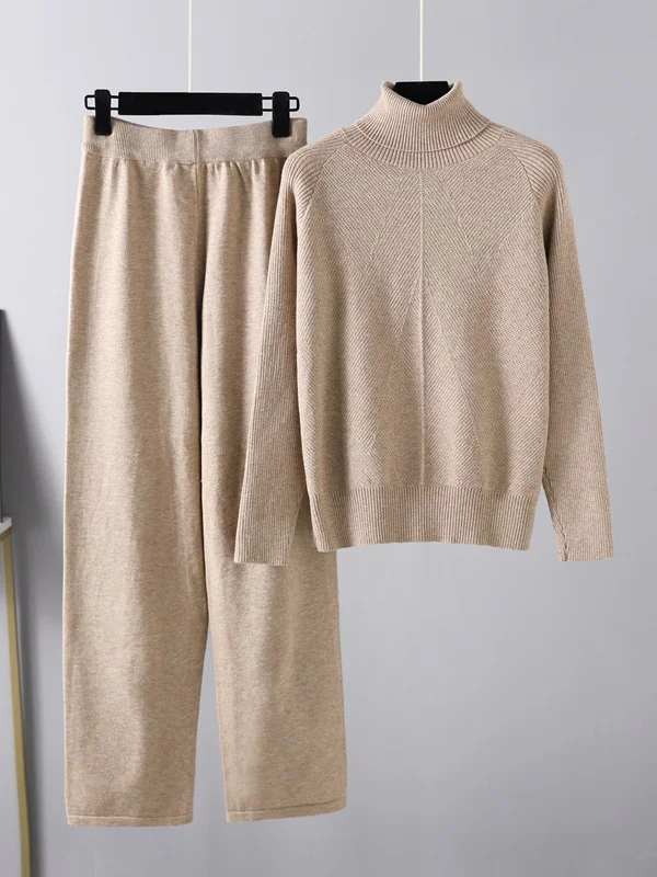 Urban Long Sleeves Loose Solid Half Turtleneck Sweater Tops & Wide Leg Pants Two Pieces Set