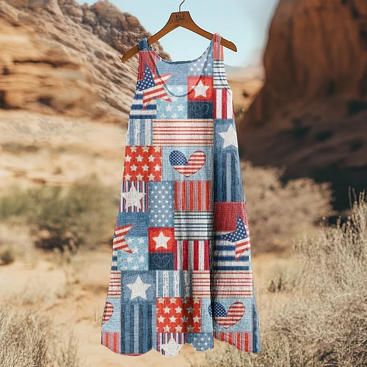 Vintage Independence Day Patch Floral Art Linen Casual Tank Dress
