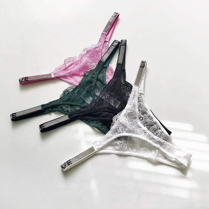 European Sexy Thong Fashion Hollow Out Comfort T-Back Women's Diamond lace Panties Low Waist Seamless Briefs Female Lingerie